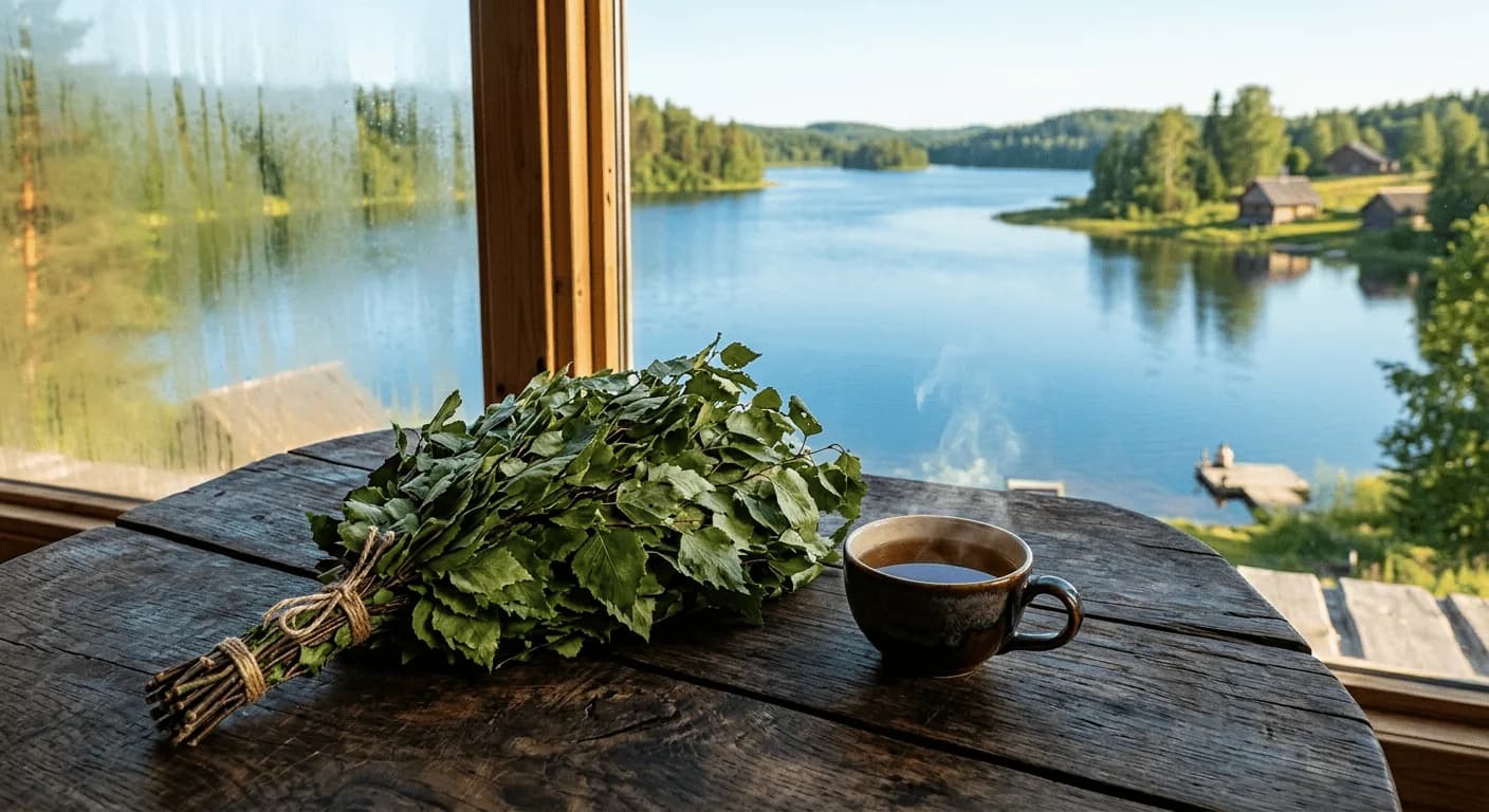 Банный натюрморт с веником и чаем у окна с видом на озеро